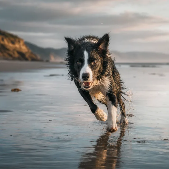 Dog running on a beach