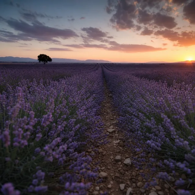 Lavender rows at dusk
